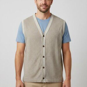 Vintage Britches Georgetowne Size L Gray Beige Stripe Linen Blend Cardigan Vest